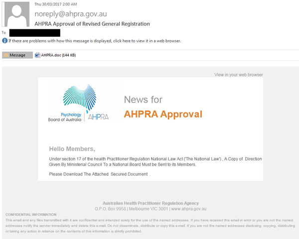 Scam email with convincing AHPRA branding but from a non-AHPRA email address (noreply@ahpra.gov.au)