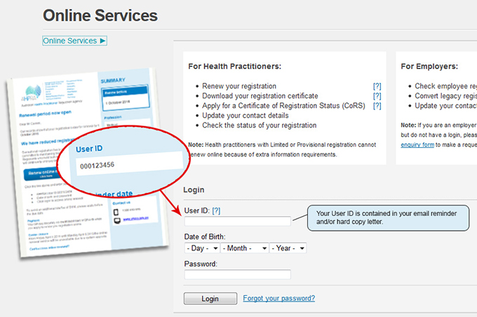 Online services screen indicating where to locate your user id on the registration renewal email.